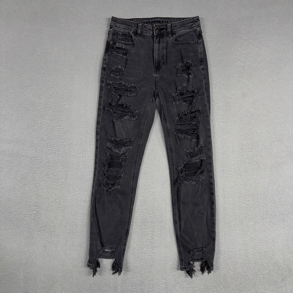 American Eagle Jeans Womens 2 Black Mom Jeans Stretch Distressed Denim Preppy